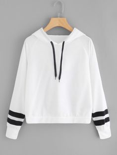 Varsity Striped Raglan Sleeve Hoodie -SheIn(Sheinside) Cheap Hoodies, Funny Hoodies, Cute Sweatshirts, Striped Sleeve, Drawstring Hoodie, Cropped Hoodie, Raglan Sleeve, Hoodie Fashion, Trendy Outfits