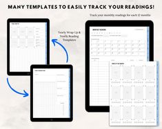 three ipads with the text, many templates to easily track your readings