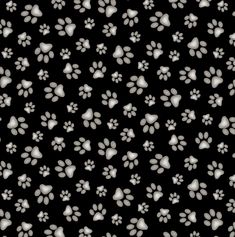 black and white dog paw prints with hearts on it's side, all in the same pattern