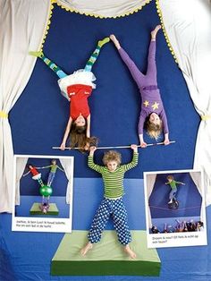 three children doing aerial acrobatics in front of a stage