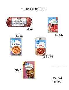 the cost of stovetop chili is shown in three different images, including one with meat and