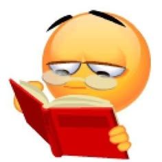 an emoticon reading a book while wearing glasses and holding it in one hand