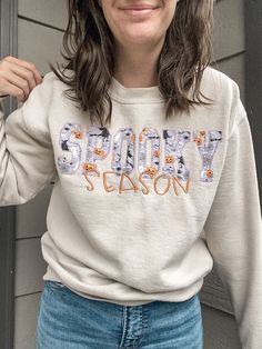 Spooky Season Embroidered Crewneck | Embroidered Apparel Sweatshirt Embroidered Apparel, Clothes Embroidery Diy, Letter Sweatshirt, Halloween Embroidery, Machine Embroidery Projects, Embroidery Sweatshirt, Embroidered Crewneck, Hand Embroidery Stitches, Embroidered Clothes