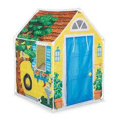 a yellow toy house with a blue door