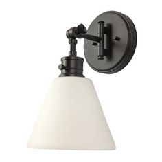 an old fashioned wall light with a white glass shade on the front and black metal arm