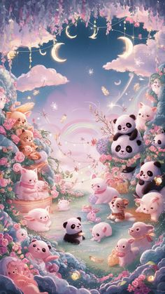 many pandas are gathered together in the sky with stars and clouds above them,