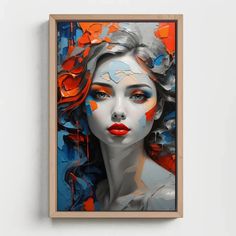 an abstract painting of a woman's face with blue, orange and white paint