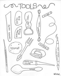 a black and white drawing of tools used in the arts and crafts program for children