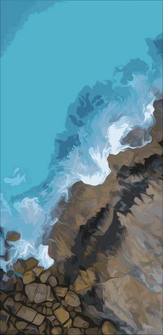 an abstract painting of rocks and water on a beach with blue sky in the background