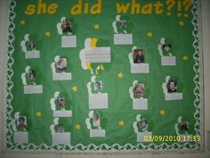 a green bulletin board with pictures of people and dogs on it that says she did what?