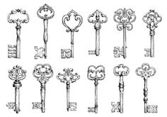 antique keys in different styles and shapes, vintage engraved engraving or etching from the 19th century