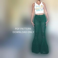 a woman is wearing green pants and a white tank top with the words pdf pattern on it