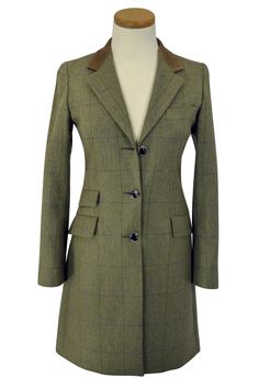 Ladies’ Long Jacket in Soft Olive Herringbone with Green & Plum Windowpane — C.D. Rigden & Son Country Classics Fitted Plaid Tweed Jacket With Concealed Placket, Timeless Fitted Plaid Outerwear, Fitted Tweed Wool Coat For Work, Classic Tweed Jacket With Concealed Placket, Fitted Tweed Wool Long Coat, Fitted Tweed Wool Coat, Fitted Long Tweed Wool Coat, Fitted Long Tweed Jacket, Classic Fitted Tweed Jacket For Winter