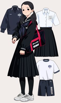 an anime character is holding onto a bag and wearing a skirt with two shirts on it