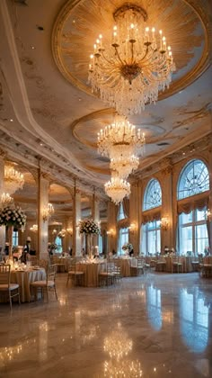 an elegant ballroom with chandeliers and tables