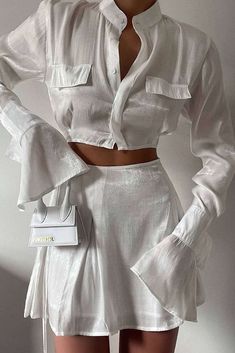 Mock Neck Button Up Bell Sleeve Crop Shirt And Mini Skirt Set Crop Top Blanc, Crop Top Skirt Set, Mini Skirt Set, Media Screen, Fits Clothes, Top Skirt Set, Crop Top Skirt, Flounce Sleeve, Looks Chic