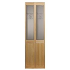 a wooden door with frosted glass on the front and side doors in light wood