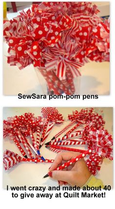 two pictures showing how to make red and white bows