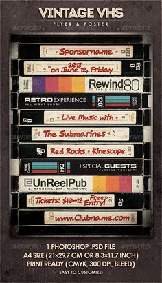 vintage vhss are stacked up on top of each other in this poster style advertisement