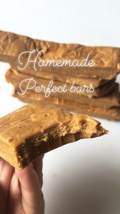 homemade perfect bars are stacked on top of each other in front of a white background