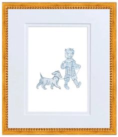 a drawing of a boy and his dog is shown in a gold frame with a white border