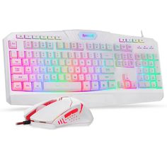 a computer keyboard and mouse with colorful lights on the back side, in front of a white background