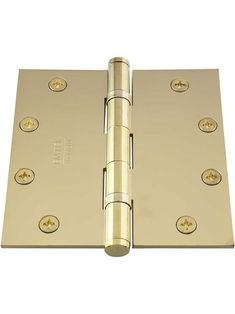 a brass plated door hinge with four screws on the front and side