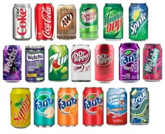 many different types of sodas are arranged in a grid pattern on a white background