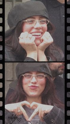 two pictures of a woman making a heart with her hands