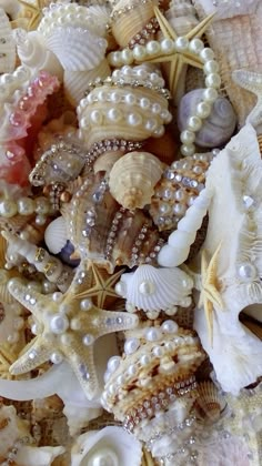 sea shells and pearls are arranged together