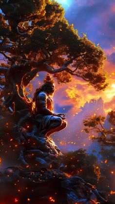 a man sitting on top of a tree next to a forest filled with lots of fire