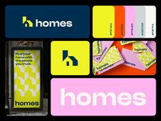 the logo for homes is shown above several different colors and shapes, including pink, blue, yellow, green, and purple