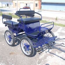 an old fashioned blue buggy is parked on the street