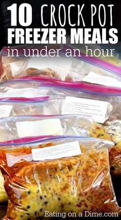 freezer meals in plastic bags with text overlay reading 10 crock pot freezer meals in under an hour