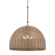 the light fixture is made out of wicker and has three lights on each side