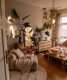 a living room filled with furniture and lots of plants