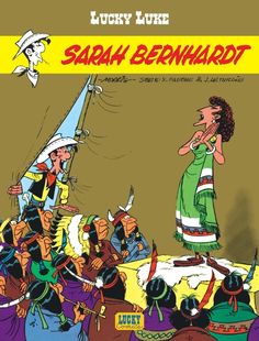 the cover to lucky luke's book, featuring an image of a woman standing in front of a group of people