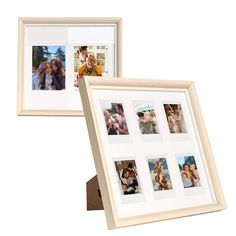 two wooden frames with pictures on them, one is white and the other is beige