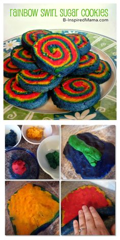 rainbow swirl sugar cookies are being made with colored icing and then rolled into the shape of a spiral