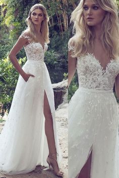 two photos of a woman in white wedding gowns, one is showing her legs and the other has long blonde hair