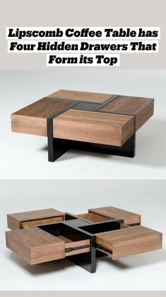 this coffee table is made out of wood and has drawers on each side that are open