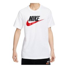 Nike Sportswear Brand Mark T-Shirt 'White' DX1986-101 White Logo Print T-shirt For Sports Season, Crew Neck T-shirt For Light Sports, White Athleisure T-shirt With Logo Print, White Athleisure T-shirt For Sports Season, Sportswear T-shirt With Graphic Print For Light Sports, White Moisture-wicking Short Sleeve T-shirt, Nike Moisture-wicking Sportswear T-shirt, Nike Short Sleeve T-shirt For Gym, Sporty White T-shirt With Letter Print