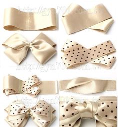 six different types of bows with polka dots on them, all in gold and white