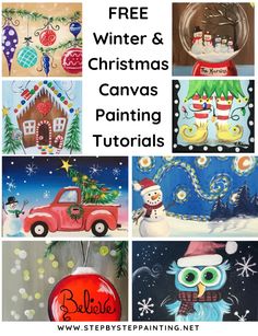 christmas canvass with the words free winter and christmas canvas painting tutors on them