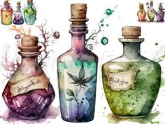 three bottles with different designs on them and some ink splatters around the bottles