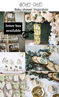 the baby shower is decorated with gold and white decorations, greenery, and cookies