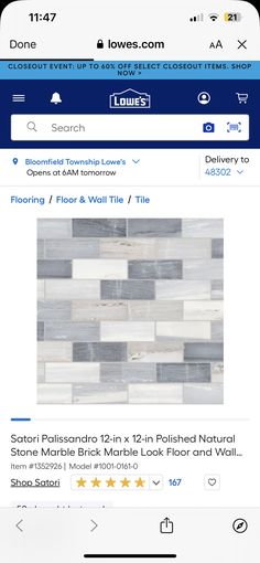 an iphone screen showing the store's listing page for floor and wall tile samples