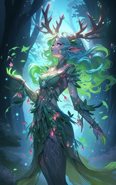 a woman with green hair and horns standing in the woods, surrounded by deer antlers