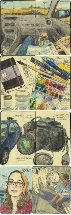 some drawings are shown in different stages of being colored and then using watercolors