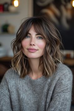 Embrace the casual chic vibe with this shoulder-length shag and curtain bangs. Tap to see more versatile and trendy shag cuts! Above Shoulder Wavy Haircut, Dark Brunette Hair With Bangs, Shoulder Length Hair With Bangs Round Face, Lob With Fringe Round Face, Long Bob With Bangs And Layers, Lob Curtain Bang, Shoulder Bob With Bangs, Hair With Choppy Layers, Balayage With Bangs